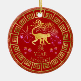 Chinese Zodiac Monkey Red/Gold ID542 Keramisch Ornament