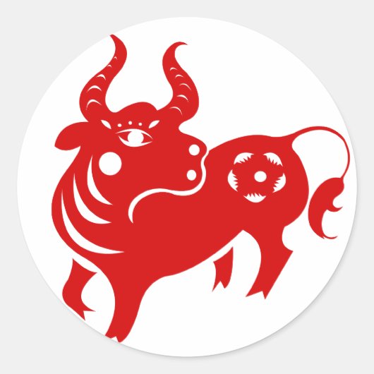CHINESE ZODIAC OX PAPERCUT ILLUSTRATIE RONDE STICKER (Voorkant)