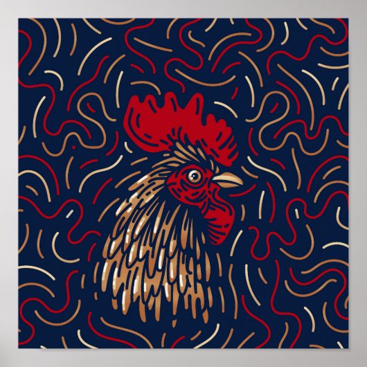 Chinese Zodiac Red Rooster | Digitale Zodiac-afdru Poster (Voorkant)