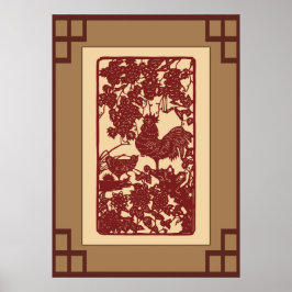 Chinese Zodiac Rooster Papercut Scene Poster