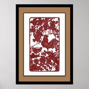 Chinese Zodiac Rooster Papercut Scene Poster
