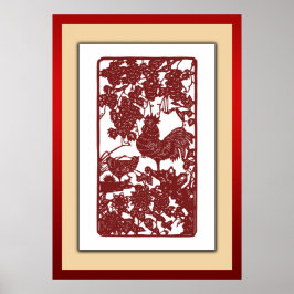 Chinese Zodiac Rooster Papercut Scene Poster