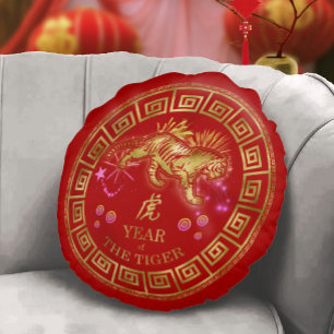 Chinese Zodiac Tiger Red/Gold ID542 Rond Kussen