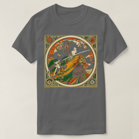Chinese zwaardvechter in een Mucha Art Nouveau-sti T-shirt (Design voorkant)