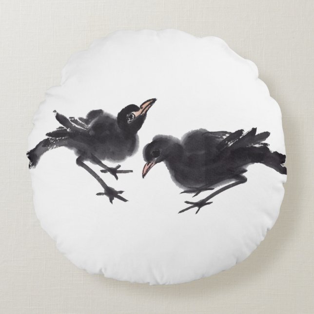 Chinesische Tuschekunst mit Vogelmotiv Rond Kussen (Voorkant)