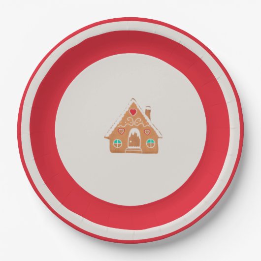 Chingerbread House Christmas Plate Red Papieren Bordje (Voorkant)