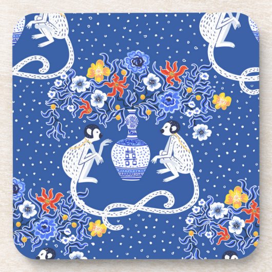 Chinoiserie-aap en bloem-Sierkussen Bier Onderzetter (Voorkant)