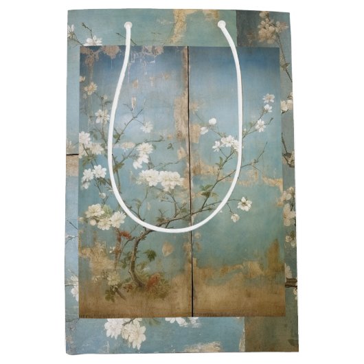 Chinoiserie Antiqued Blue Panels & Cherry Trees Medium Cadeauzakje (Voorkant)