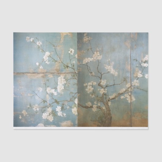 Chinoiserie Antiqued Blue Panels & Cherry Trees Tissuepapier (Voorkant)