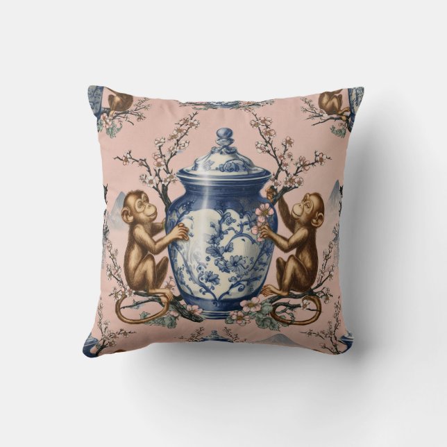 Chinoiserie Apen met Gemberpot Kussen (Achterkant)