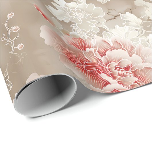  Chinoiserie Aziatisch Bloemen Wit Roze Cadeaupapier (Rol Hoek)