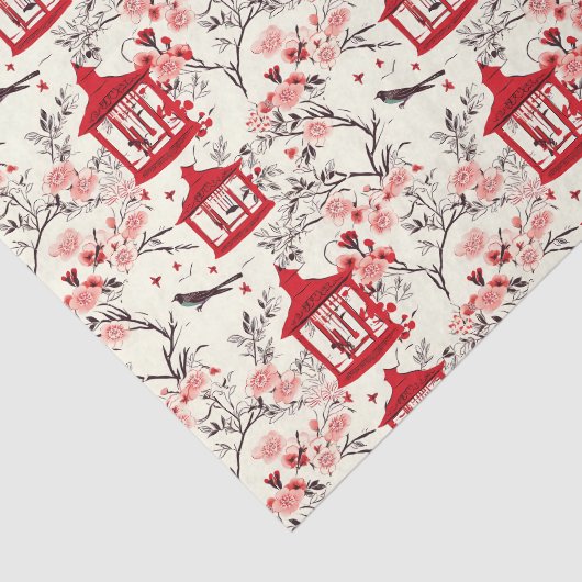 Chinoiserie Aziatisch Bloemenschilderij Rood Decou Tissuepapier (Detail)