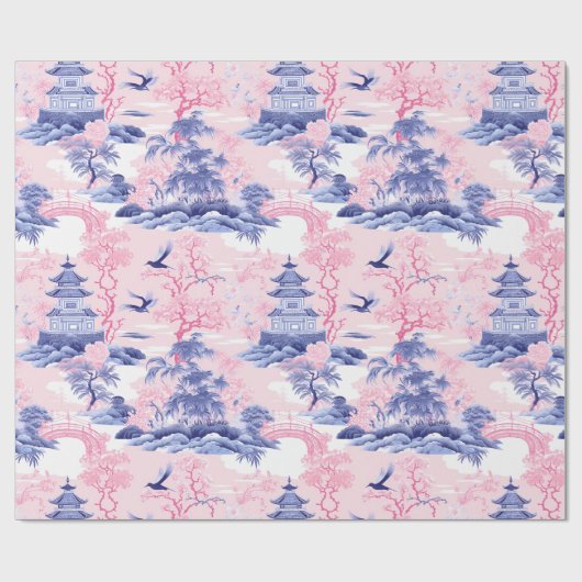 Chinoiserie Aziatisch Landschap Roze Blauw Cadeaupapier (Vlak)