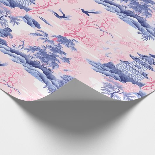 Chinoiserie Aziatisch Landschap Roze Blauw Cadeaupapier (Hoek)