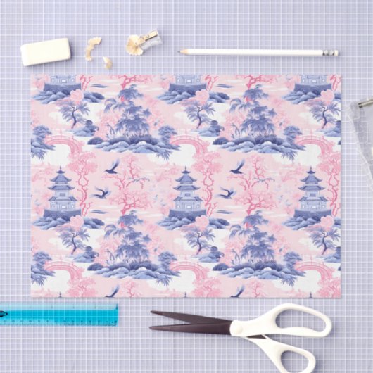Chinoiserie Aziatisch Landschap Roze Blauw Decoupa Tissuepapier (Craft)
