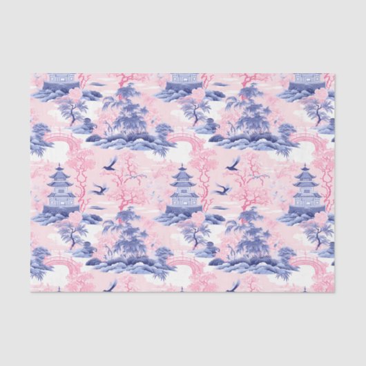 Chinoiserie Aziatisch Landschap Roze Blauw Decoupa Tissuepapier (Voorkant)