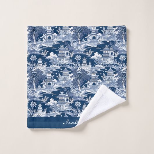 Chinoiserie Aziatisch Landschap Schilderen Blauw W Bad Handdoek (Wasdoekje)