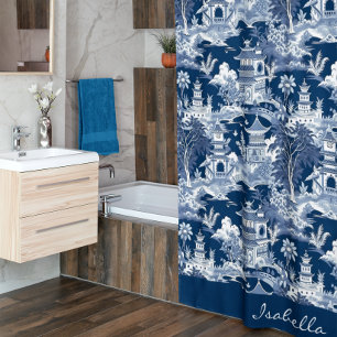 Chinoiserie Aziatisch Landschap Schilderen Blauw W Douchegordijn
