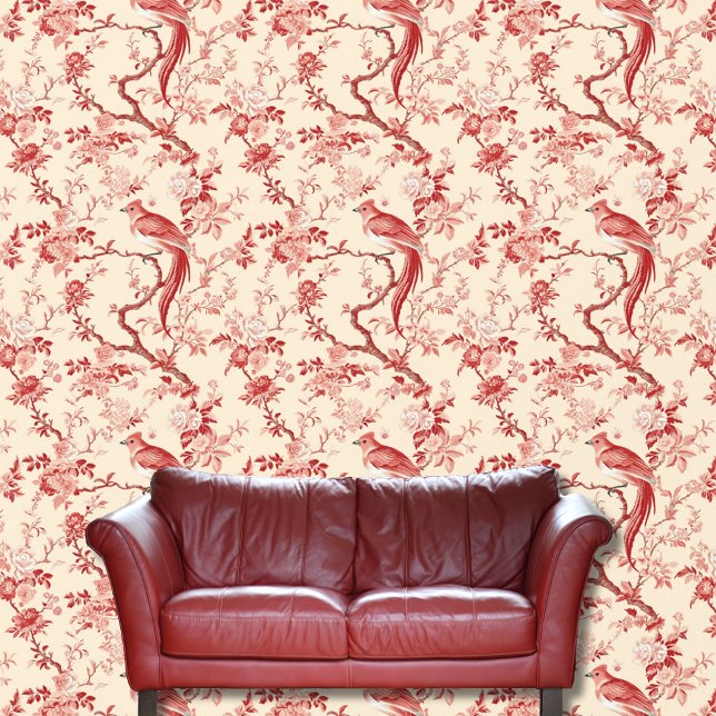  Chinoiserie Aziatisch Vogel Rood Roze Bloemen Behang (Creator heeft geüpload)