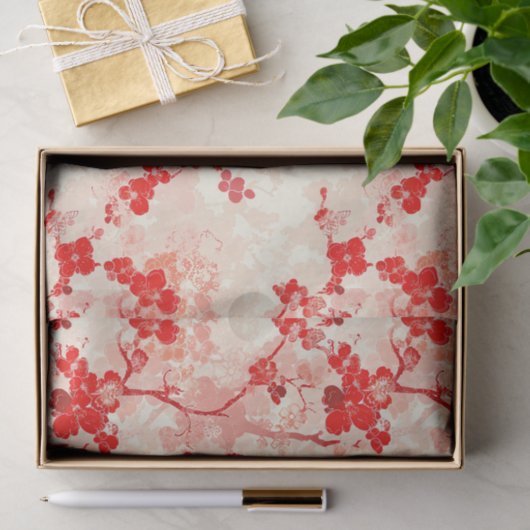  Chinoiserie Aziatische Bloemen Rode Decoupage Tissuepapier (Geschenk)