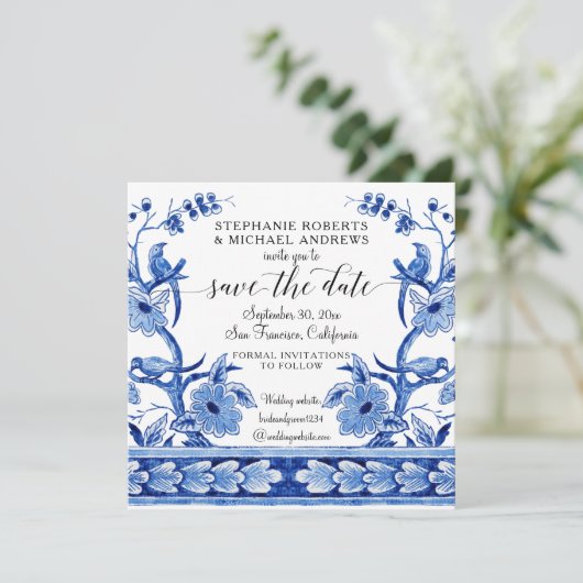 Chinoiserie Aziatische invloed marineblauw wit blo Save The Date (Staand voorkant)