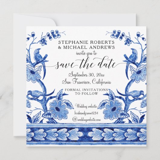 Chinoiserie Aziatische invloed marineblauw wit blo Save The Date (Voorkant)