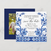 Chinoiserie Aziatische invloed marineblauw witte b Save The Date (Voorkant / Achterkant)