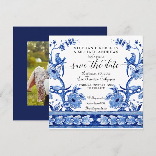 Chinoiserie Aziatische invloed marineblauw witte b Save The Date (Voorkant / Achterkant)