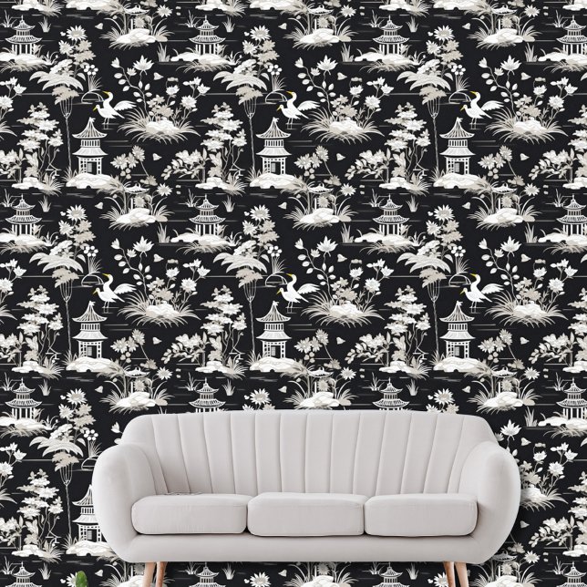  Chinoiserie Aziatische Pagode Vogel Zwart Wit Behang (Creator heeft geüpload)