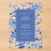 Chinoiserie Aziatische Pauw Bloemen Huwelijk Acryl Uitnodigingen (Voorkant)