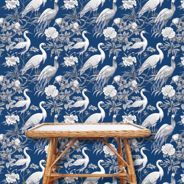  Chinoiserie Aziatische Vogel Blauw Wit Bloemen Behang (Creator heeft geüpload)