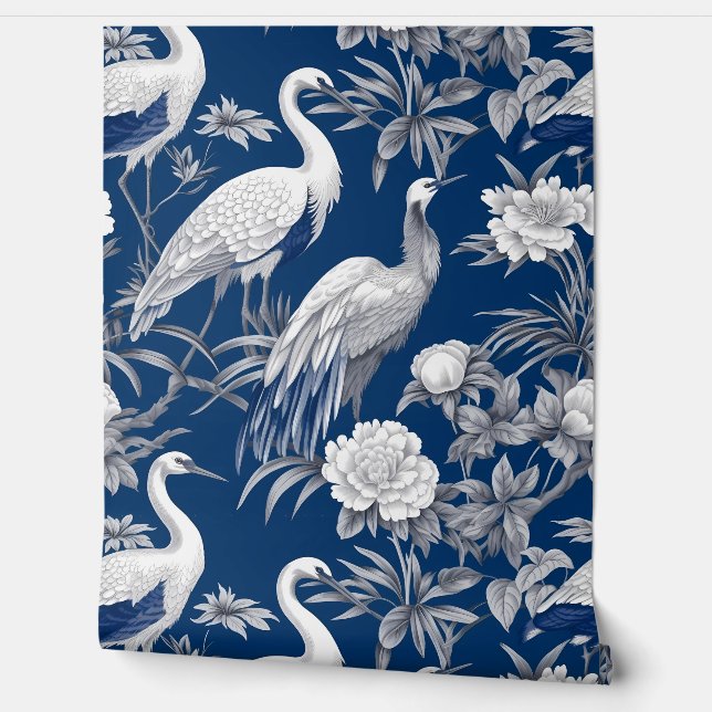  Chinoiserie Aziatische Vogel Blauw Wit Bloemen Behang (Afrollen)