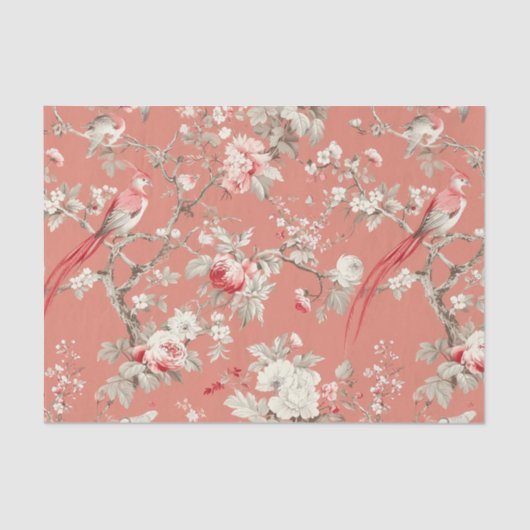 Chinoiserie Aziatische Vogel Bloemen Wit Roze Deco Tissuepapier (Voorkant)