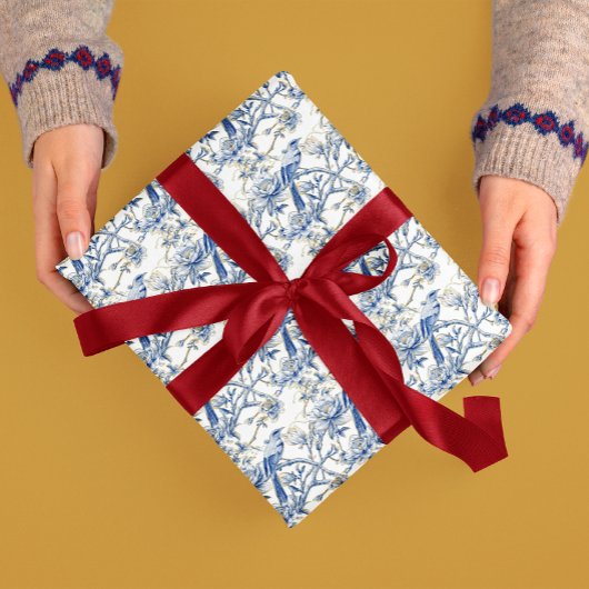 Chinoiserie Aziatische Vogel Wit Blauw Bloemen Cadeaupapier