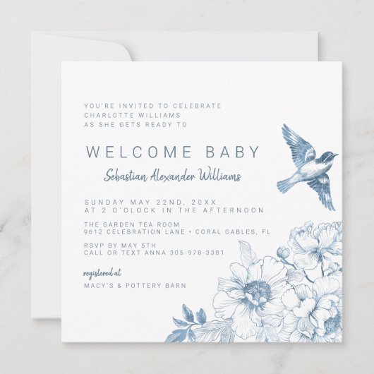 Chinoiserie Baby shower Invitation – Blue Floral Kaart (Voorkant)
