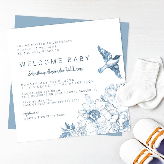 Chinoiserie Baby shower Invitation – Blue Floral Kaart