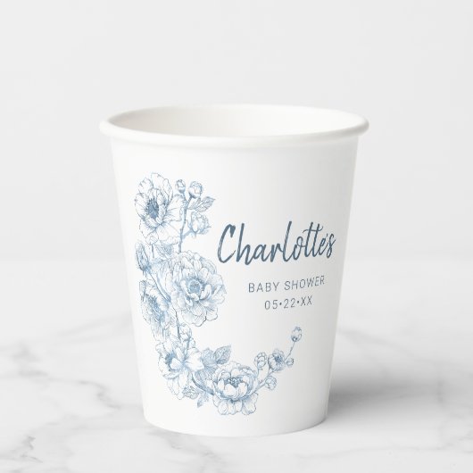 Chinoiserie Baby showers bekers – Dusty Blue Flora (Voorkant)