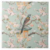 Chinoiserie Bird & Blossom Blush Sage Ceramic Tile Tegeltje (Voorkant)