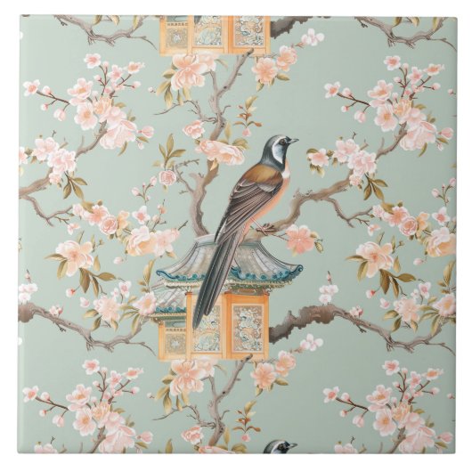 Chinoiserie Bird & Blossom Blush Sage Ceramic Tile Tegeltje (Voorkant)