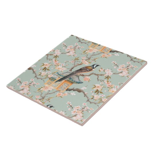 Chinoiserie Bird & Blossom Blush Sage Ceramic Tile Tegeltje (Zijkant)