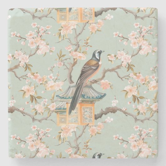 Chinoiserie Bird & Blossom Marble Stone Coaster Stenen Onderzetter (Voorkant)