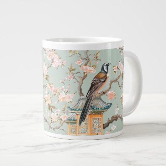 Chinoiserie Bird & Blossom Mug In Sage & Peach Grote Koffiekop (Voorkant rechts)