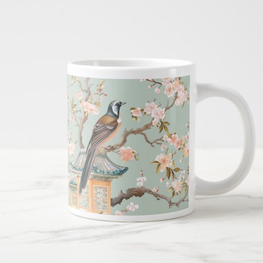 Chinoiserie Bird & Blossom Mug In Sage & Peach Grote Koffiekop (Rechts)