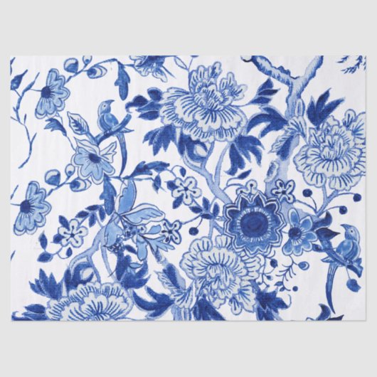 Chinoiserie Bird Floral Blue and White Decoupage Tissuepapier (Voorkant)