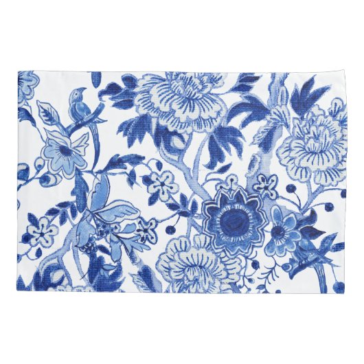 Chinoiserie Bird Floral Blue and White Foliage Art Kussensloop (Achterkant)