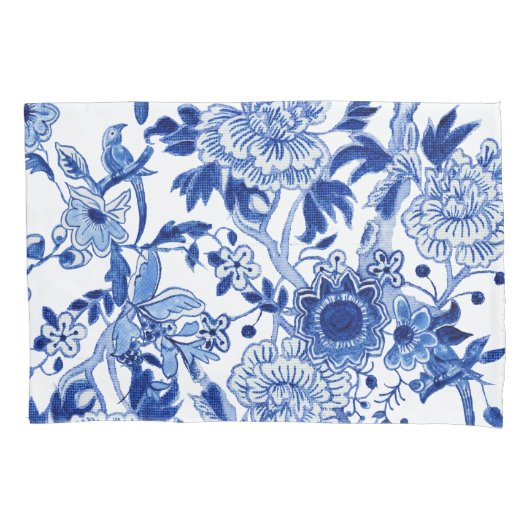 Chinoiserie Bird Floral Blue and White Foliage Art Kussensloop (Voorkant)