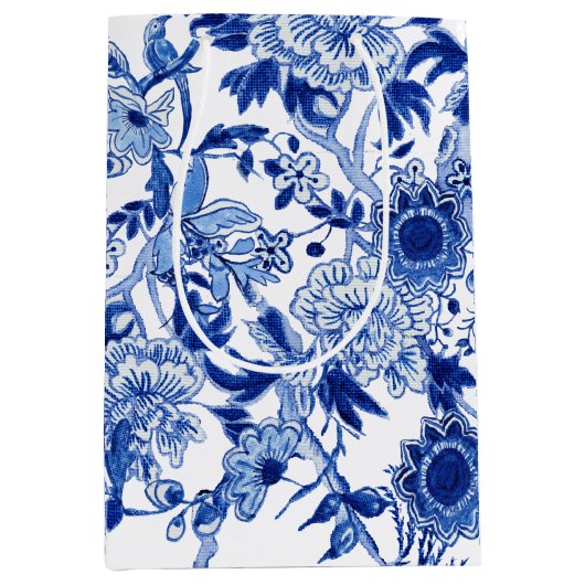 Chinoiserie Bird Floral Blue White Asian Invloed Medium Cadeauzakje (Voorkant)
