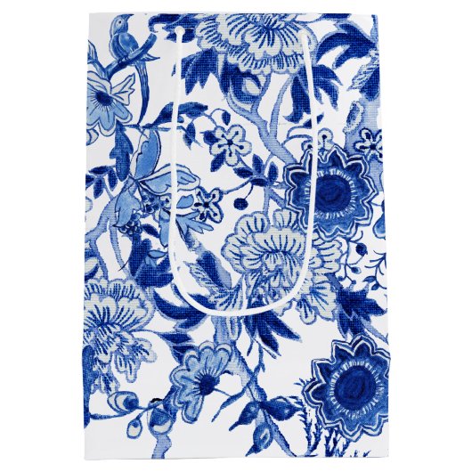 Chinoiserie Bird Floral Blue White Asian Invloed Medium Cadeauzakje (Achterkant)
