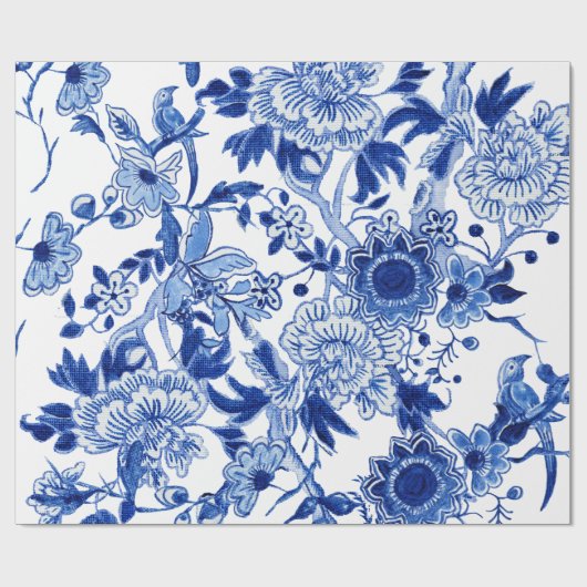 Chinoiserie Bird Floral Blue White Decoupage Cadeaupapier (Vlak)