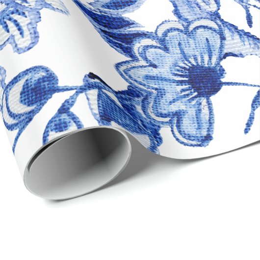 Chinoiserie Bird Floral Blue White Decoupage Cadeaupapier (Rol Hoek)